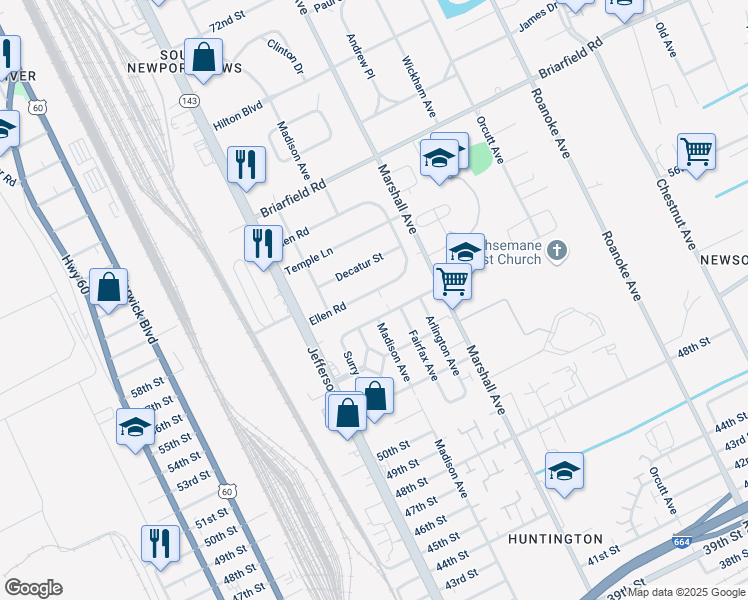 map of restaurants, bars, coffee shops, grocery stores, and more near 680 Ellen Road in Newport News