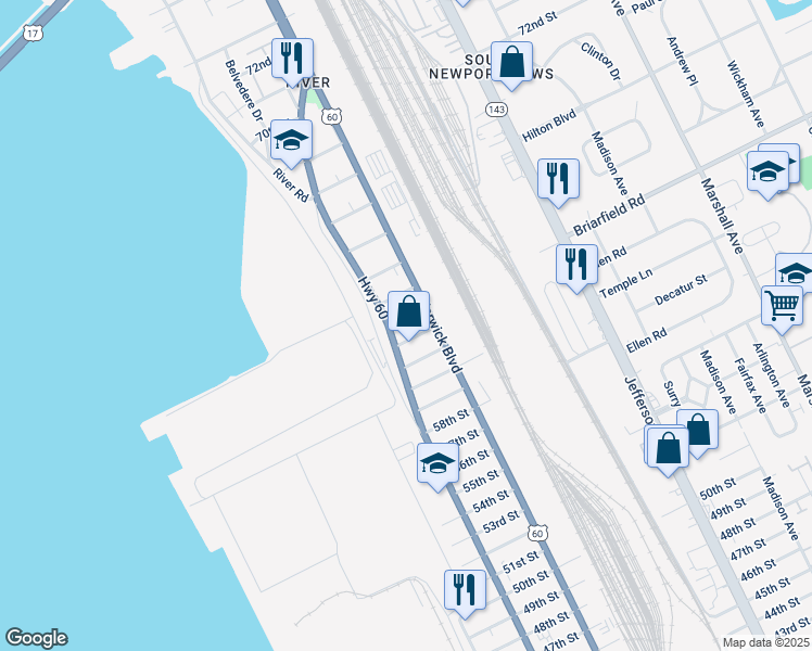 map of restaurants, bars, coffee shops, grocery stores, and more near 6306 Huntington Avenue in Newport News