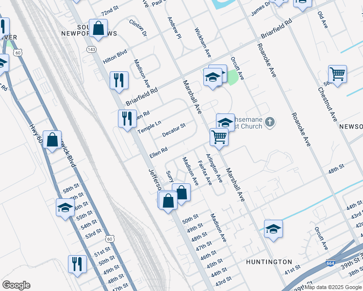 map of restaurants, bars, coffee shops, grocery stores, and more near 680 Ellen Road in Newport News