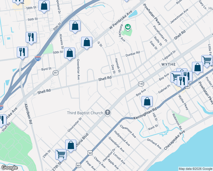 map of restaurants, bars, coffee shops, grocery stores, and more near 410 Wakefield Avenue in Hampton