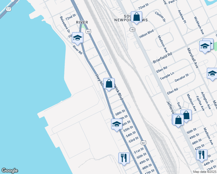 map of restaurants, bars, coffee shops, grocery stores, and more near 6306 Huntington Avenue in Newport News