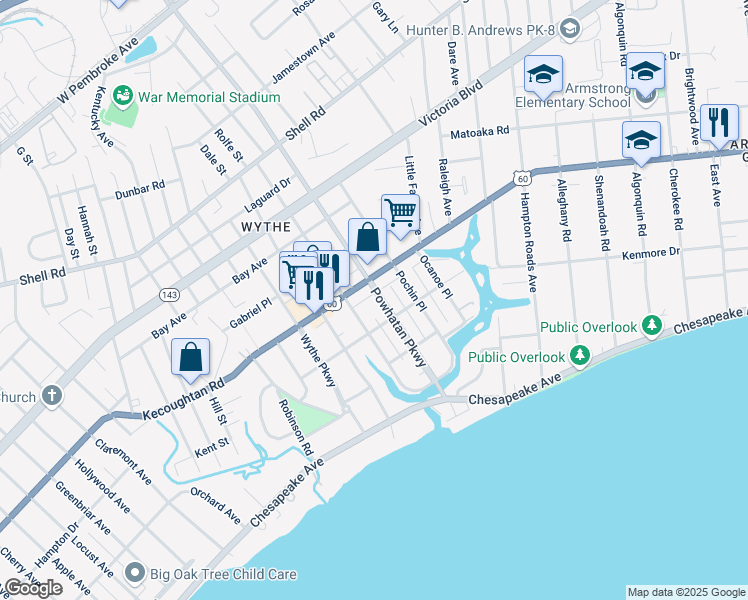 map of restaurants, bars, coffee shops, grocery stores, and more near 139 Powhatan Parkway in Hampton
