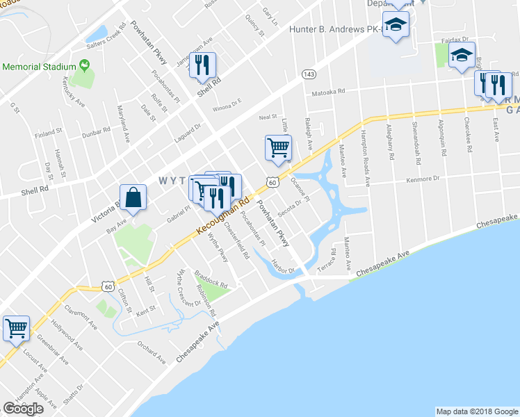 map of restaurants, bars, coffee shops, grocery stores, and more near 139 Powhatan Parkway in Hampton