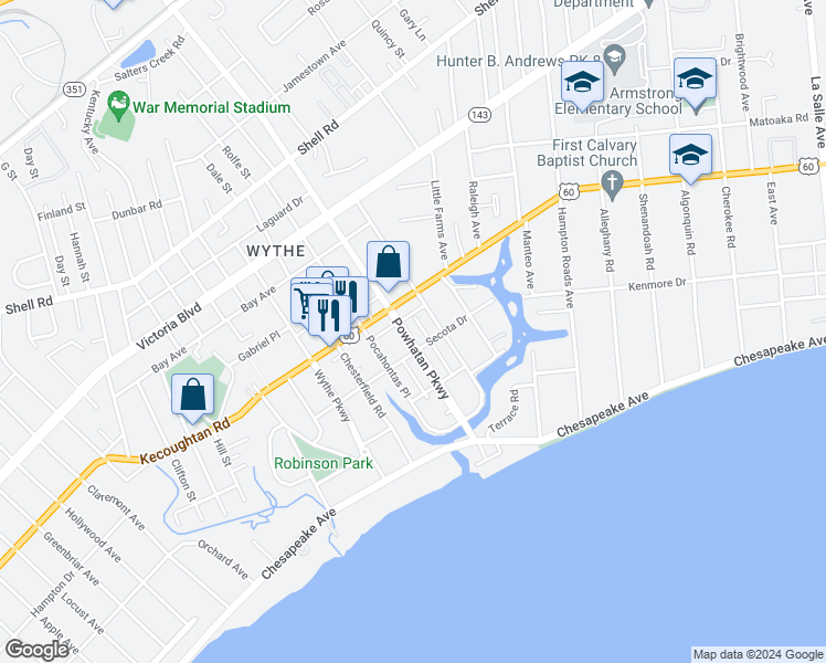 map of restaurants, bars, coffee shops, grocery stores, and more near 134 Powhatan Parkway in Hampton