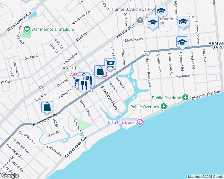 map of restaurants, bars, coffee shops, grocery stores, and more near 141 Pochin Place in Hampton