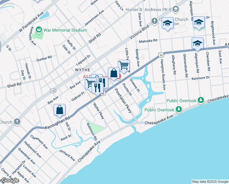 map of restaurants, bars, coffee shops, grocery stores, and more near 141 Powhatan Parkway in Hampton