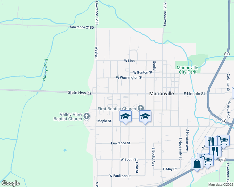 map of restaurants, bars, coffee shops, grocery stores, and more near 421 South Youngblood Avenue in Marionville