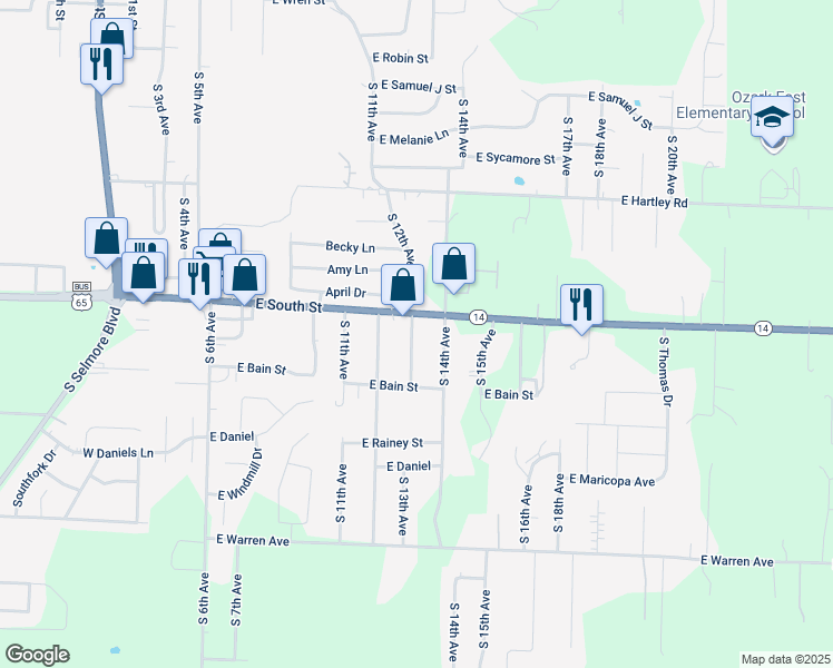 map of restaurants, bars, coffee shops, grocery stores, and more near 1702 South 13th Avenue in Ozark