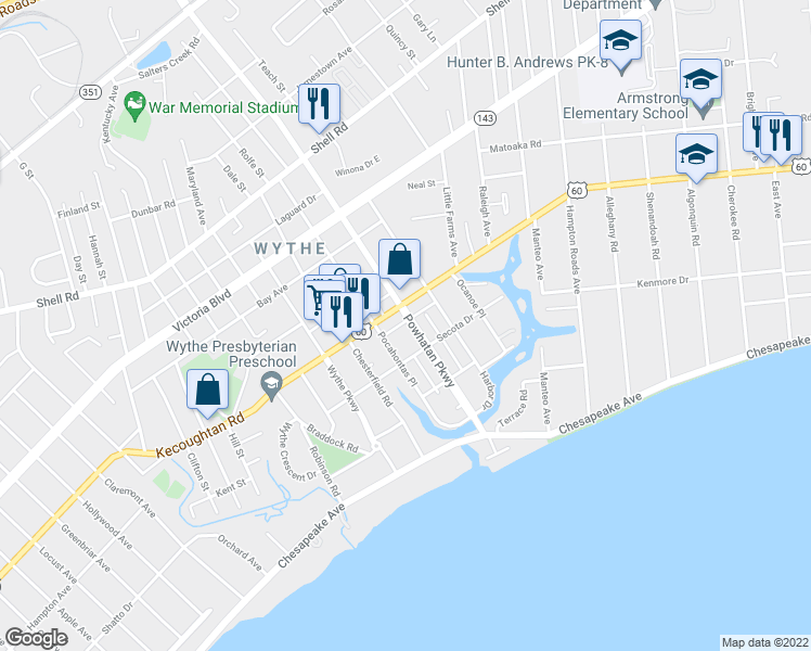map of restaurants, bars, coffee shops, grocery stores, and more near 141 Powhatan Parkway in Hampton