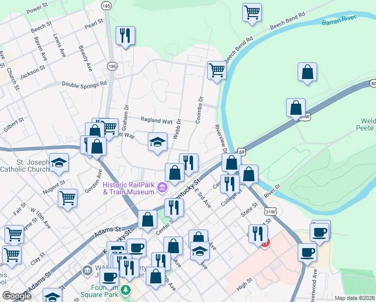 map of restaurants, bars, coffee shops, grocery stores, and more near 301 Coombs Drive in Bowling Green
