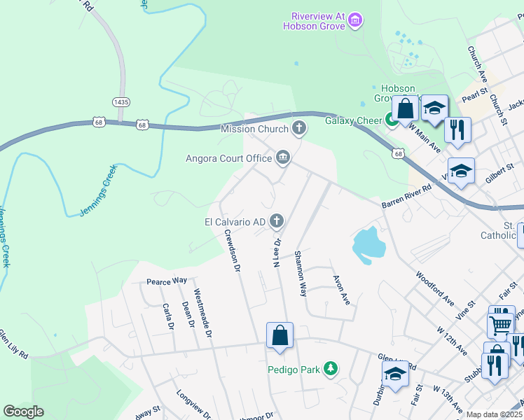 map of restaurants, bars, coffee shops, grocery stores, and more near 1101 Angora Court in Bowling Green