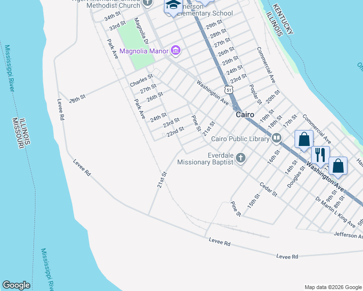 map of restaurants, bars, coffee shops, grocery stores, and more near 2101 Holbrook Avenue in Cairo