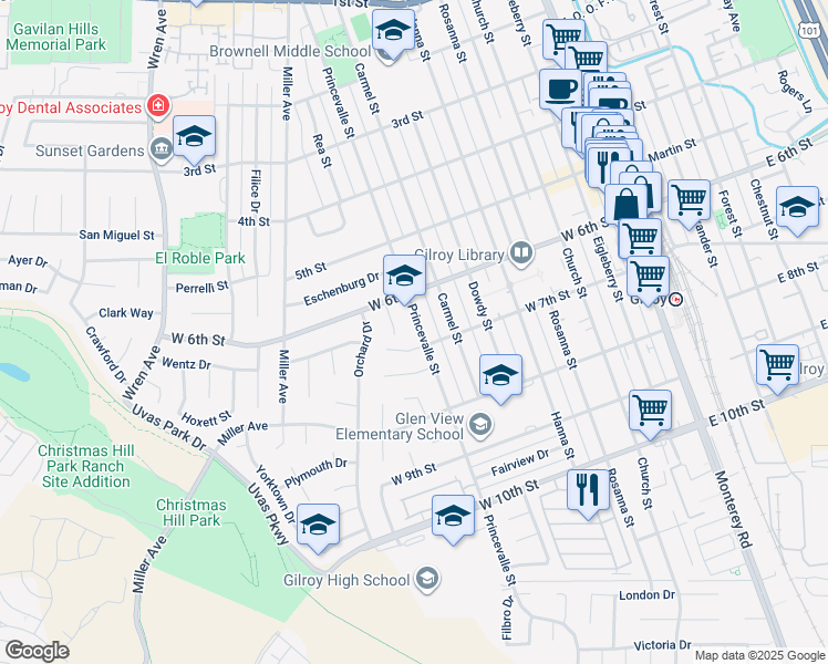 map of restaurants, bars, coffee shops, grocery stores, and more near 7343 Princevalle Street in Gilroy