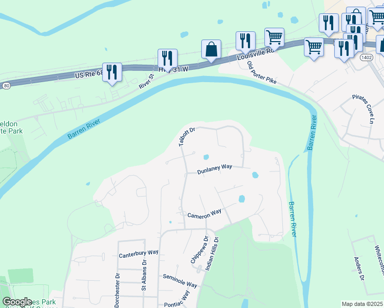 map of restaurants, bars, coffee shops, grocery stores, and more near 1698 Wickland Court in Bowling Green