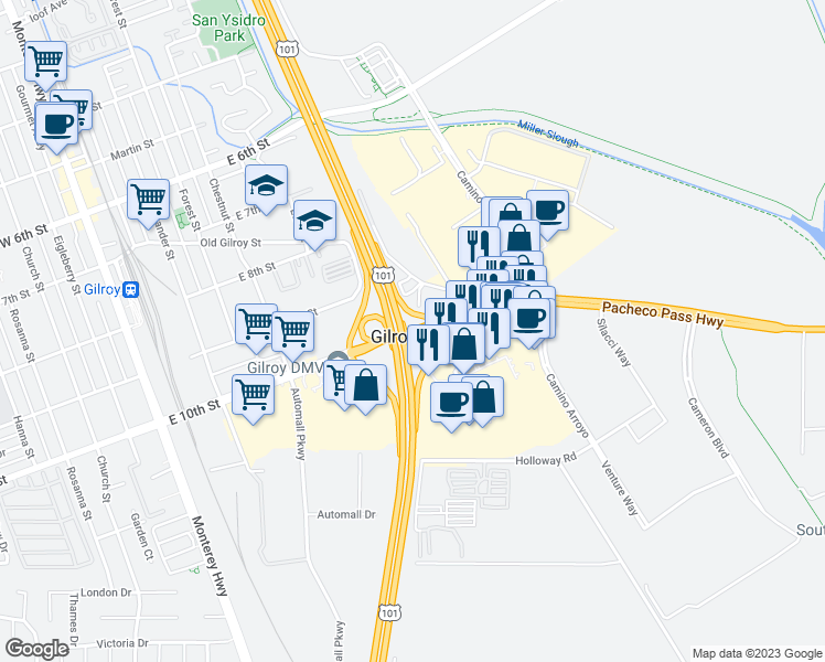 map of restaurants, bars, coffee shops, grocery stores, and more near 2 Pacheco Pass Highway in Gilroy