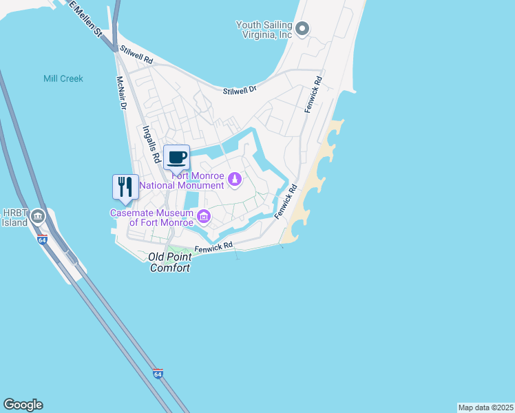 map of restaurants, bars, coffee shops, grocery stores, and more near 109 Bernard Road in Hampton