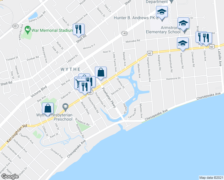 map of restaurants, bars, coffee shops, grocery stores, and more near 141 Pochin Place in Hampton