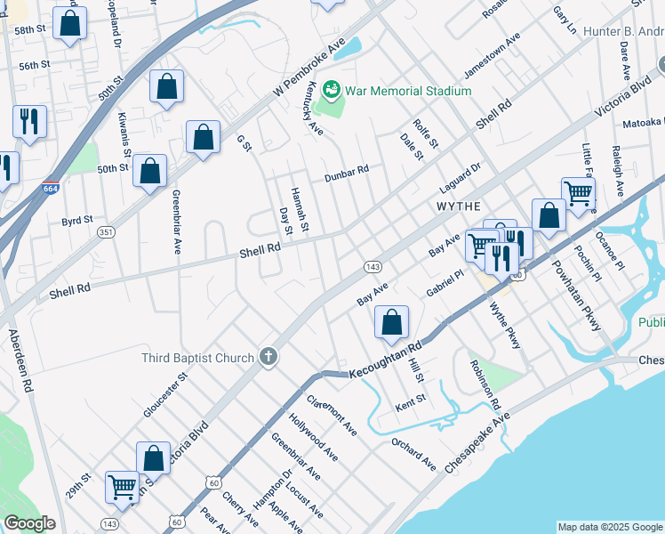 map of restaurants, bars, coffee shops, grocery stores, and more near 421 Darnaby Avenue in Hampton