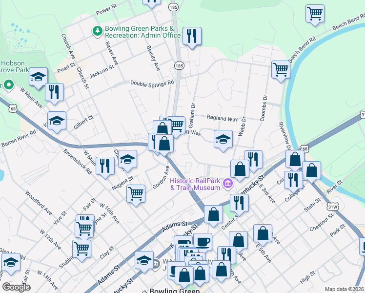map of restaurants, bars, coffee shops, grocery stores, and more near 255 Petrie Court in Bowling Green