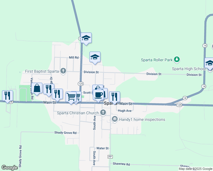 map of restaurants, bars, coffee shops, grocery stores, and more near 244 North Oak Avenue in Sparta