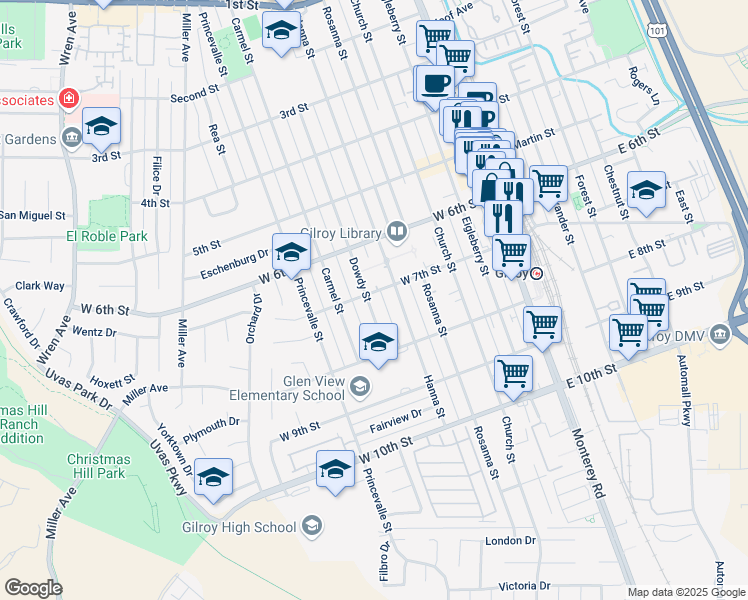 map of restaurants, bars, coffee shops, grocery stores, and more near 440 West 7th Street in Gilroy