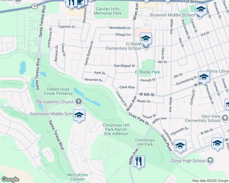 map of restaurants, bars, coffee shops, grocery stores, and more near 7461 Crawford Drive in Gilroy