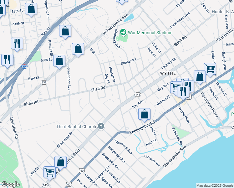 map of restaurants, bars, coffee shops, grocery stores, and more near 507 Pennsylvania Avenue in Hampton
