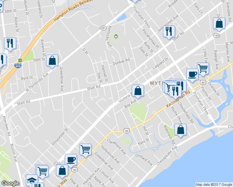 map of restaurants, bars, coffee shops, grocery stores, and more near 421 Darnaby Avenue in Hampton