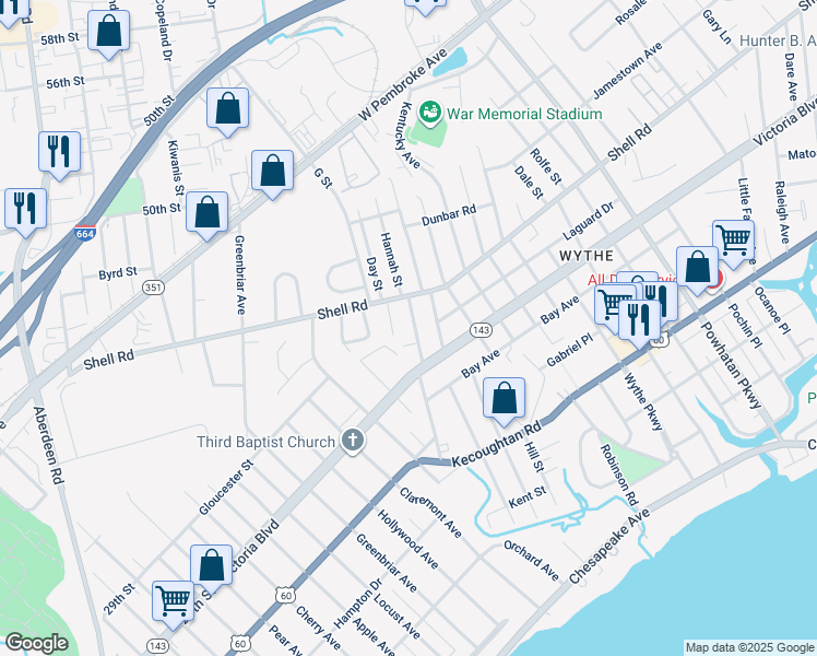 map of restaurants, bars, coffee shops, grocery stores, and more near 507 Pennsylvania Avenue in Hampton