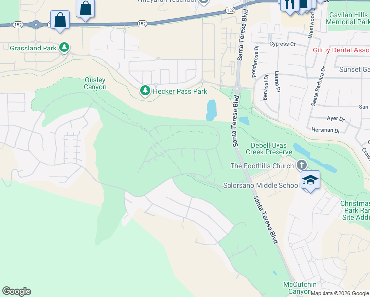 map of restaurants, bars, coffee shops, grocery stores, and more near Saint Andrews Circle in Gilroy