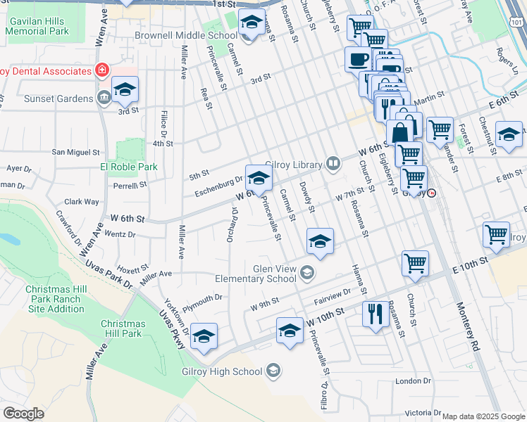 map of restaurants, bars, coffee shops, grocery stores, and more near 7351 Princevalle Street in Gilroy