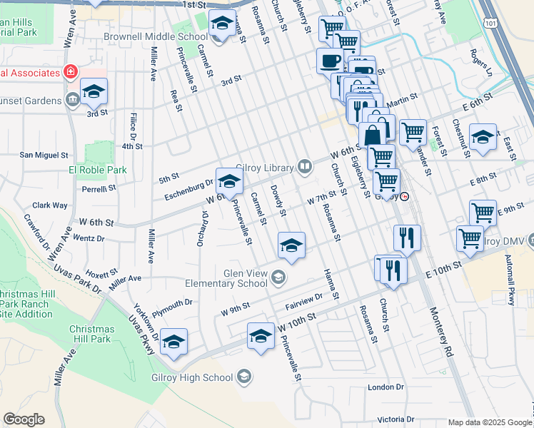 map of restaurants, bars, coffee shops, grocery stores, and more near 7310 Carmel Street in Gilroy