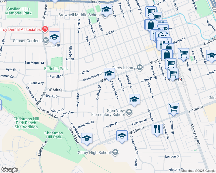 map of restaurants, bars, coffee shops, grocery stores, and more near 7360 Ailes Court in Gilroy