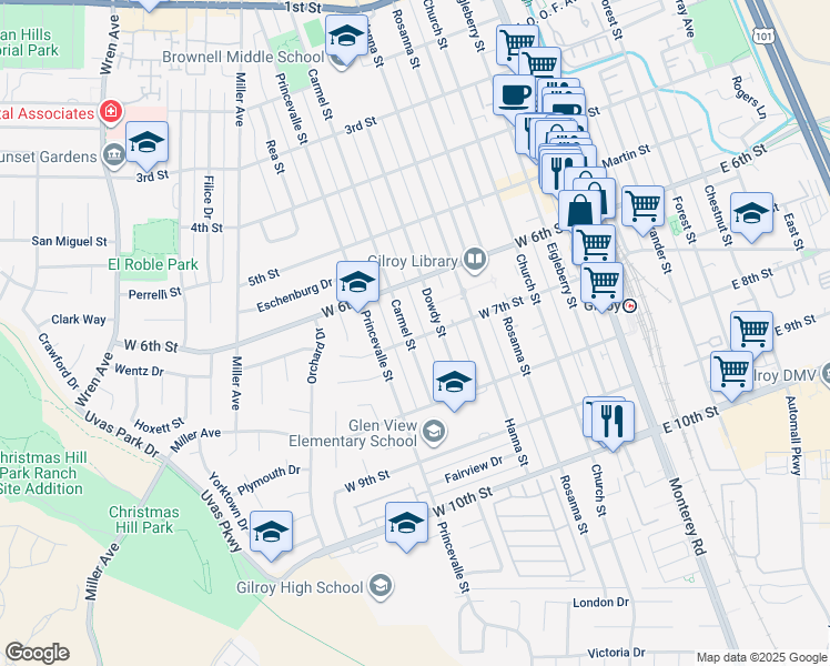 map of restaurants, bars, coffee shops, grocery stores, and more near 7310 Carmel Street in Gilroy