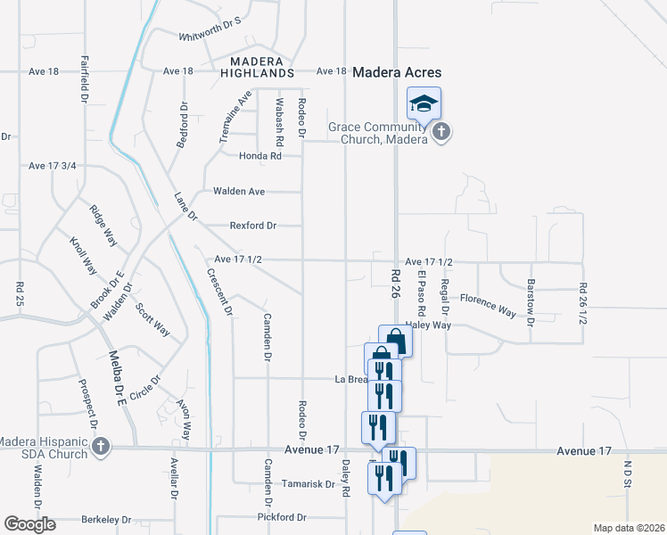 map of restaurants, bars, coffee shops, grocery stores, and more near 17463 Rodeo Drive in Madera