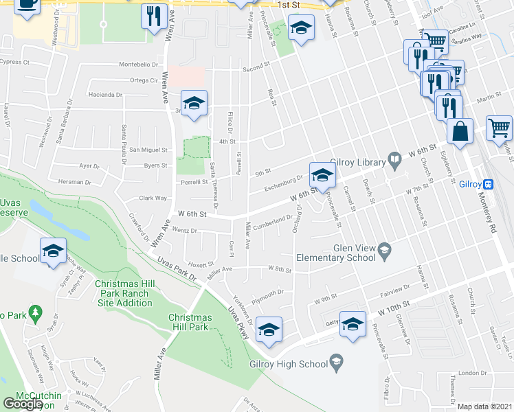 map of restaurants, bars, coffee shops, grocery stores, and more near 841 West 6th Street in Gilroy