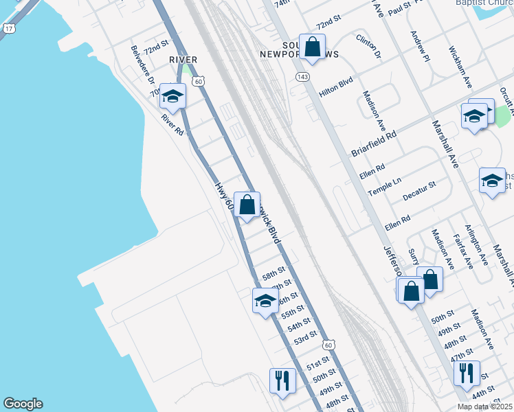 map of restaurants, bars, coffee shops, grocery stores, and more near 336 63rd Street in Newport News