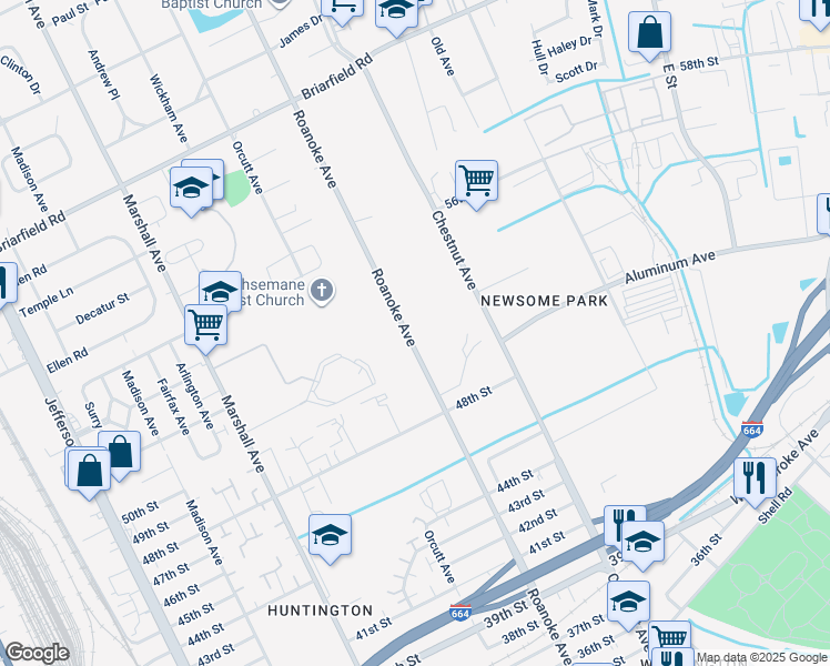 map of restaurants, bars, coffee shops, grocery stores, and more near 5102 Roanoke Avenue in Newport News