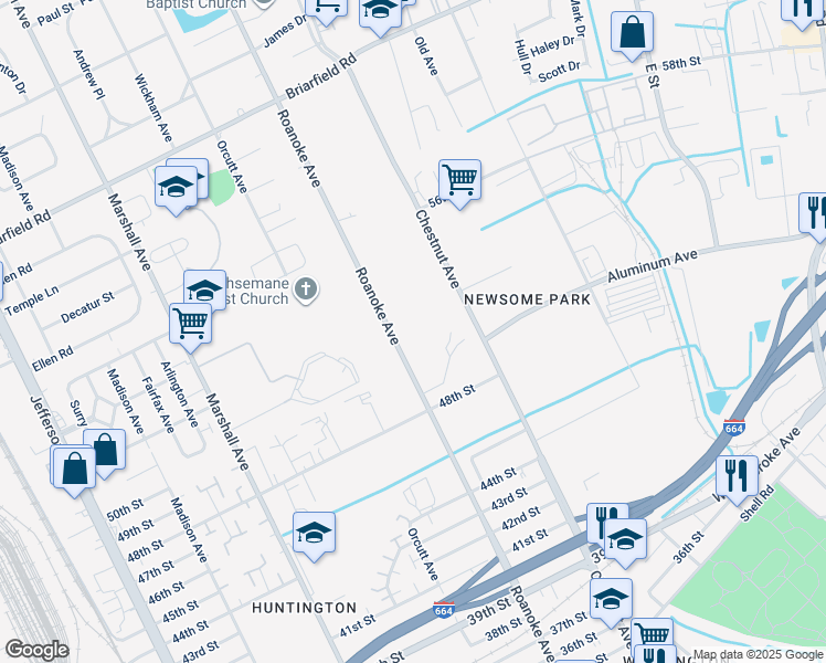 map of restaurants, bars, coffee shops, grocery stores, and more near 5100 Roanoke Avenue in Newport News