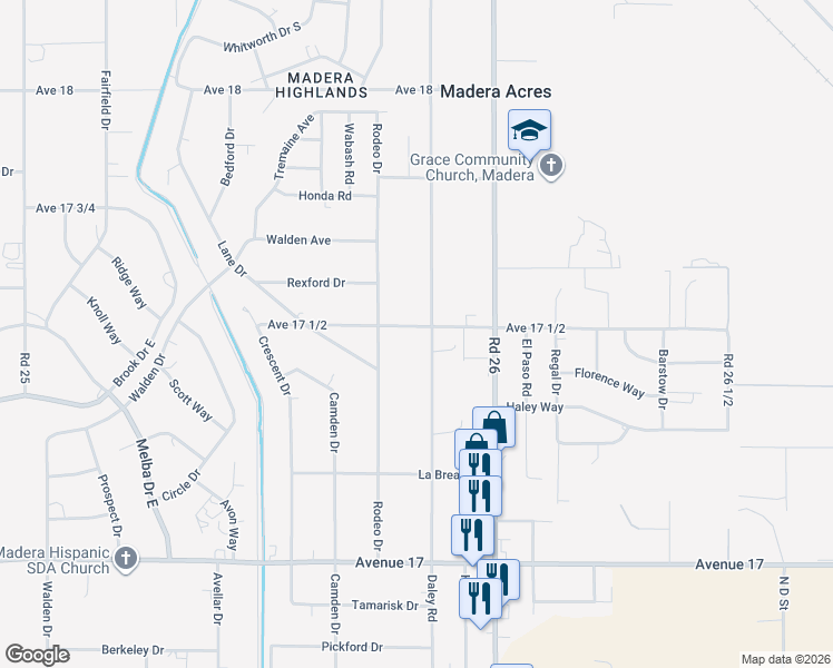 map of restaurants, bars, coffee shops, grocery stores, and more near 17463 Rodeo Drive in Madera
