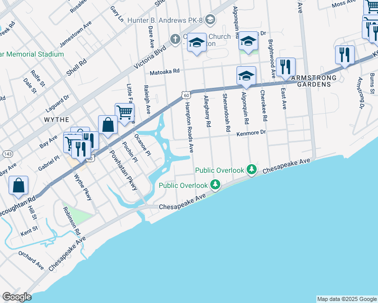 map of restaurants, bars, coffee shops, grocery stores, and more near 87 Hampton Roads Avenue in Hampton