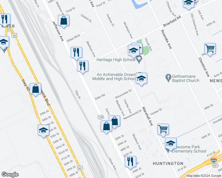 map of restaurants, bars, coffee shops, grocery stores, and more near 682 Ellen Road in Newport News
