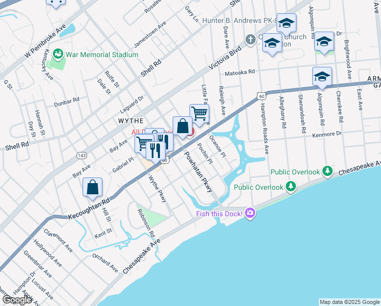 map of restaurants, bars, coffee shops, grocery stores, and more near 140 Powhatan Parkway in Hampton