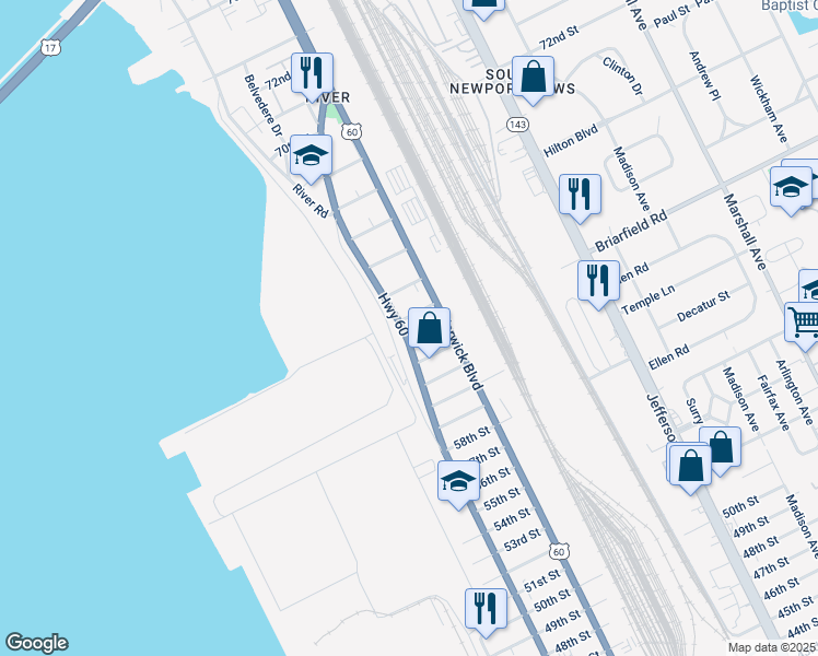 map of restaurants, bars, coffee shops, grocery stores, and more near 6306 Huntington Avenue in Newport News