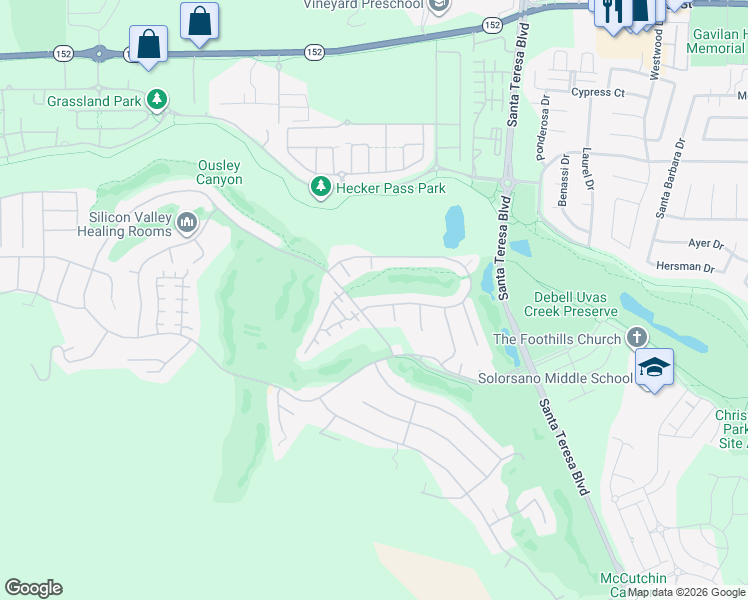 map of restaurants, bars, coffee shops, grocery stores, and more near 1903 Saint Andrews Circle in Gilroy