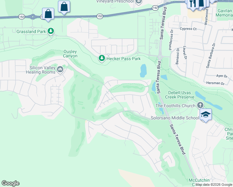 map of restaurants, bars, coffee shops, grocery stores, and more near 1903 Saint Andrews Circle in Gilroy