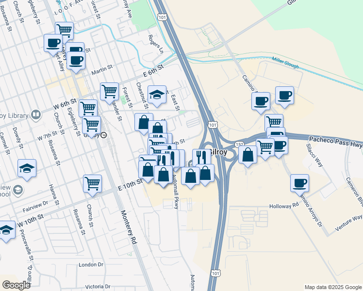 map of restaurants, bars, coffee shops, grocery stores, and more near 450 East 9th Street in Gilroy