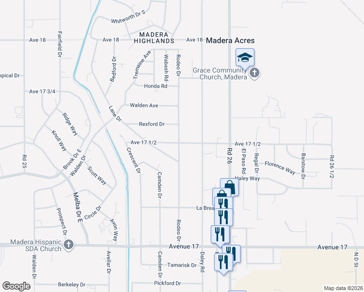 map of restaurants, bars, coffee shops, grocery stores, and more near 17463 Rodeo Drive in Madera