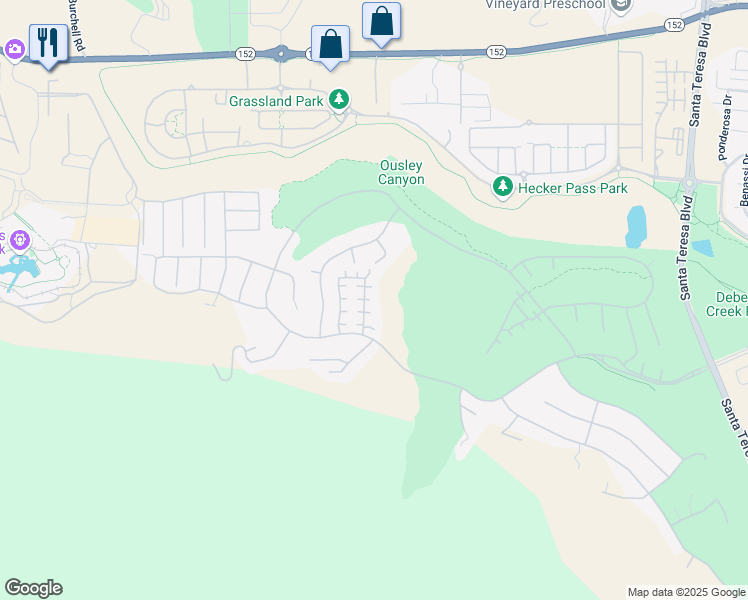 map of restaurants, bars, coffee shops, grocery stores, and more near 7556 Turnberry Way in Gilroy