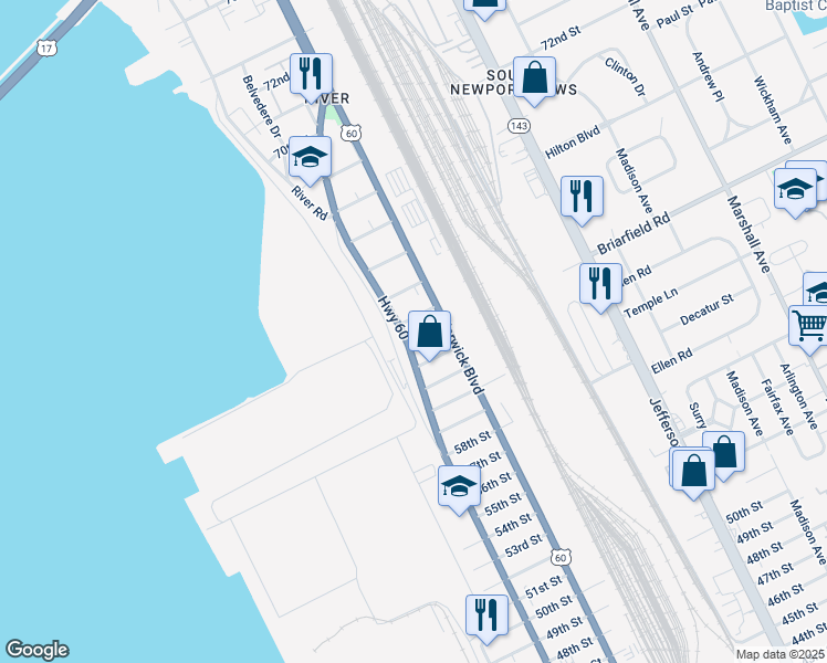 map of restaurants, bars, coffee shops, grocery stores, and more near 6306 Huntington Avenue in Newport News